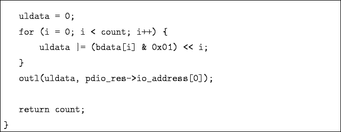 \begin{boxedminipage}{\textwidth}
\begin{verbatim}uldata = 0;
for (i = 0; i ...
...a, pdio_res->io_address[0]);return count;
}\end{verbatim}
\end{boxedminipage}