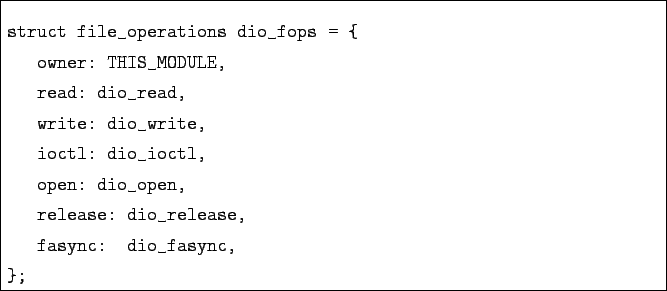 \begin{boxedminipage}{\textwidth}
\begin{verbatim}struct file_operations dio_f...
... release: dio_release,
fasync: dio_fasync,
};\end{verbatim}
\end{boxedminipage}