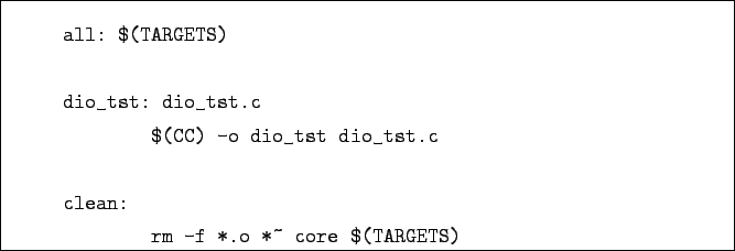 \begin{boxedminipage}{\textwidth}
\begin{verbatim}all: $(TARGETS)dio_tst: ...
...o_tst.cclean:
rm -f *.o *~ core $(TARGETS)\end{verbatim}
\end{boxedminipage}