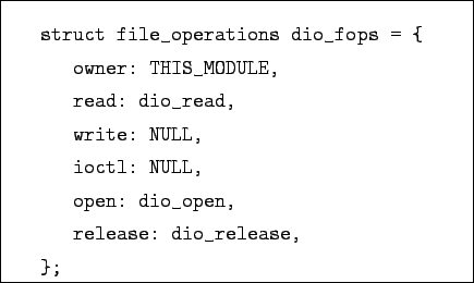 \begin{boxedminipage}{8cm}
\begin{verbatim}struct file_operations dio_fops = ...
...L,
open: dio_open,
release: dio_release,
};\end{verbatim}
\end{boxedminipage}