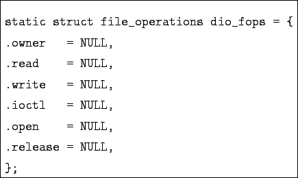 \begin{boxedminipage}{8cm}
\begin{verbatim}static struct file_operations dio_f...
...tl = NULL,
.open = NULL,
.release = NULL,
};\end{verbatim}
\end{boxedminipage}