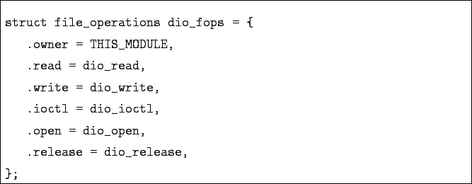 \begin{boxedminipage}{\textwidth}
\begin{verbatim}struct file_operations dio_f...
... .open = dio_open,
.release = dio_release,
};\end{verbatim}
\end{boxedminipage}