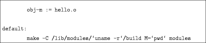 \begin{boxedminipage}{\textwidth}
\begin{verbatim}obj-m := hello.odefault:
...
... /lib/modules/\lq uname -r\lq /build M=\lq pwd\lq  modules\end{verbatim}
\end{boxedminipage}