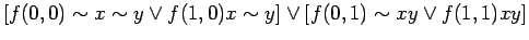 $\displaystyle \left[f(0, 0) \sim x \sim y \lor f(1, 0) x \sim y\right] \lor \left[f(0, 1) \sim x y \lor f(1, 1) x y \right]$