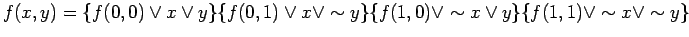 $\displaystyle f(x, y) = \{f(0, 0) \lor x \lor y \} \{f(0, 1) \lor x \lor \sim y \} \{f(1, 0) \lor \sim x \lor y \} \{f(1, 1) \lor \sim x \lor \sim y \} \\
$