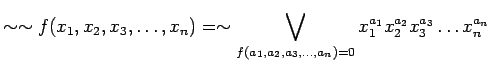 $\displaystyle \sim \sim f(x_1, x_2, x_3, \ldots ,x_n) = \sim \bigvee_{f(a_1, a_2,
a_3, \ldots ,a_n) = 0} x_{1}^{a_1} x_{2}^{a_2} x_{3}^{a_3} \ldots x_{n}^{a_n}
$